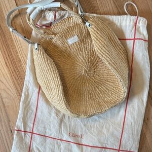 Clare V Alice Natural Woven Round Straw Tote with White Straps beach bag